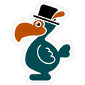 A cartoon dodo bird sticker or decal with a black top hat, orange beak and wing accent, dark teal body, and a white die-cut outline on a light gray background.