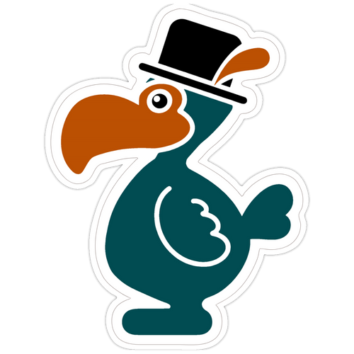 A cartoon dodo bird sticker or decal with a black top hat, orange beak and wing accent, dark teal body, and a white die-cut outline on a light gray background.
